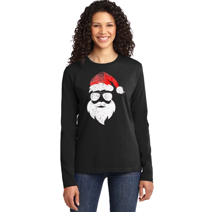 Christmas Santa Claus Face Sunglasses With Hat Beard Ladies Long Sleeve Shirt