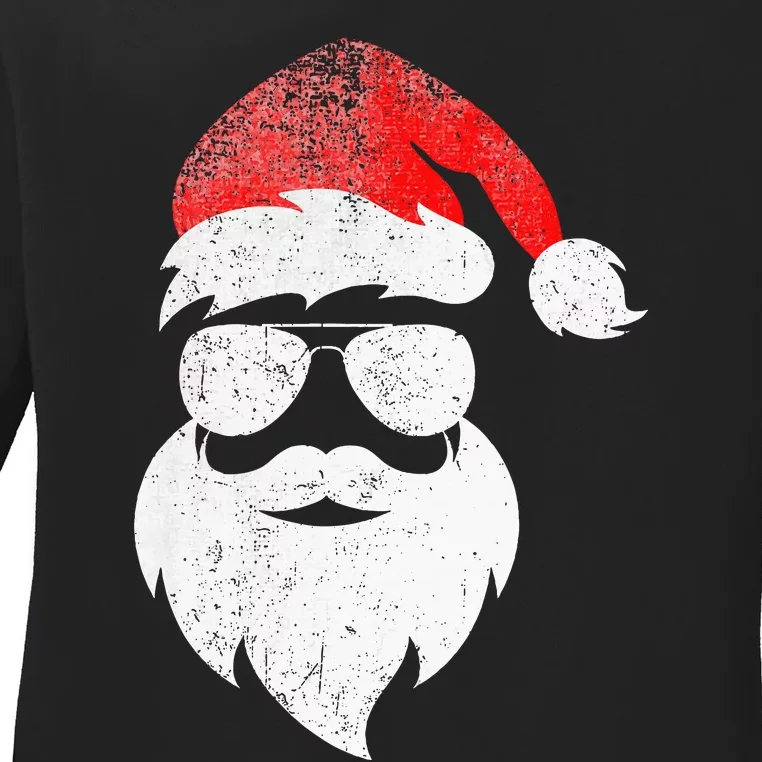 Christmas Santa Claus Face Sunglasses With Hat Beard Ladies Long Sleeve Shirt