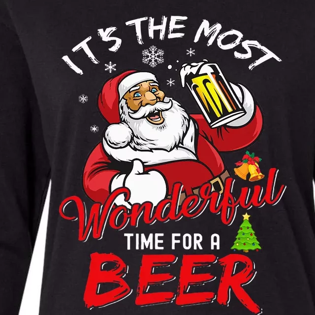 Christmas Santa Claus Drinking Beer Wonderful Time Womens Cotton Relaxed Long Sleeve T-Shirt