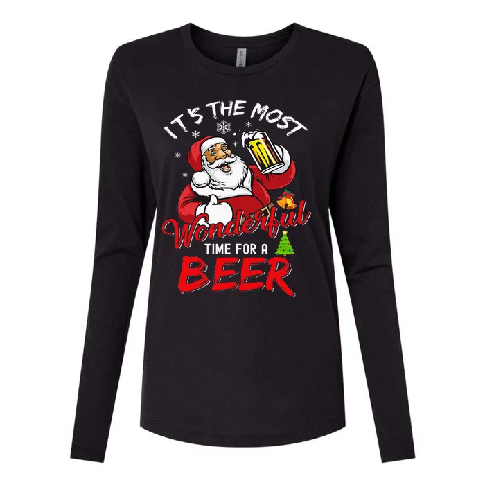 Christmas Santa Claus Drinking Beer Wonderful Time Womens Cotton Relaxed Long Sleeve T-Shirt