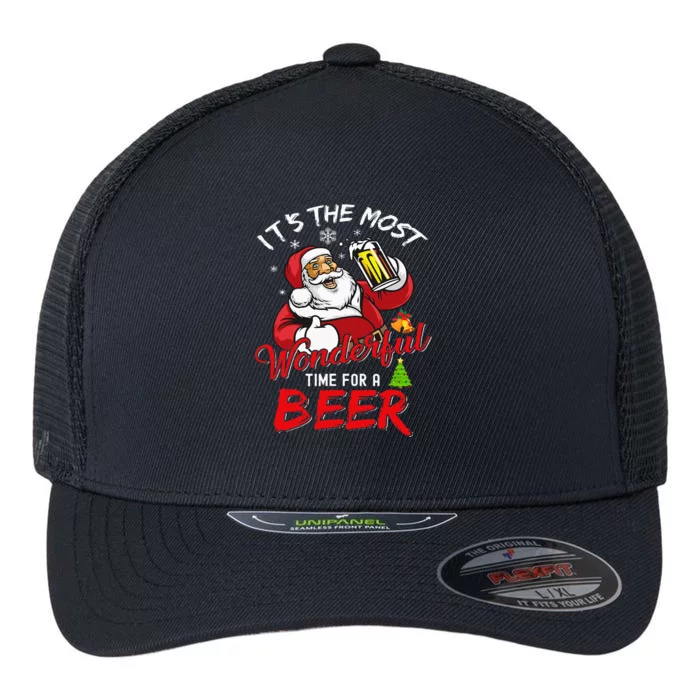 Christmas Santa Claus Drinking Beer Wonderful Time Flexfit Unipanel Trucker Cap