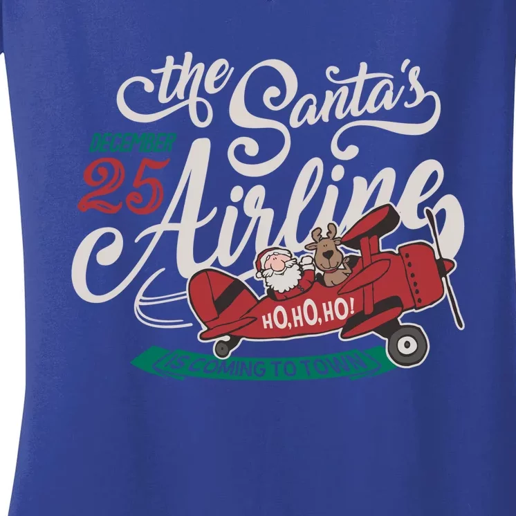 Christmas Santa Claus Flying Airplane Cute Funny Gift Women's V-Neck T-Shirt