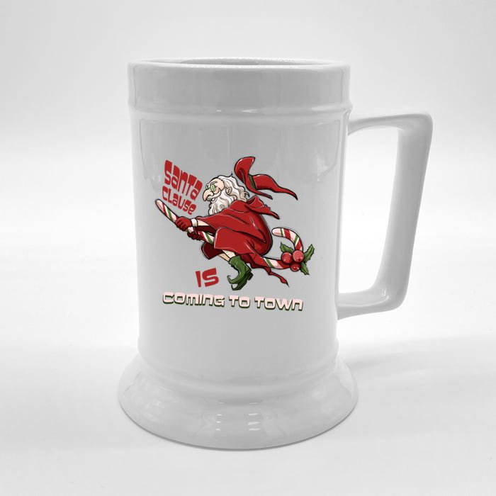 Christmas Santa Claus Is Coming Funny Santa Claus Gift Front & Back Beer Stein