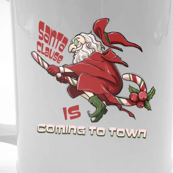 Christmas Santa Claus Is Coming Funny Santa Claus Gift Front & Back Beer Stein