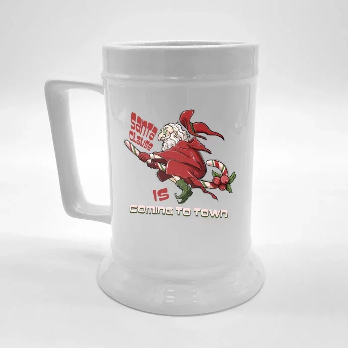 Christmas Santa Claus Is Coming Funny Santa Claus Gift Front & Back Beer Stein