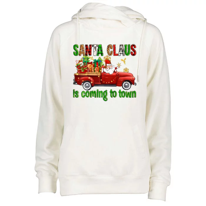 Christmas Santa Claus Is Coming To Town Xmas Red Truck Pjs Gift Womens Funnel Neck Pullover Hood