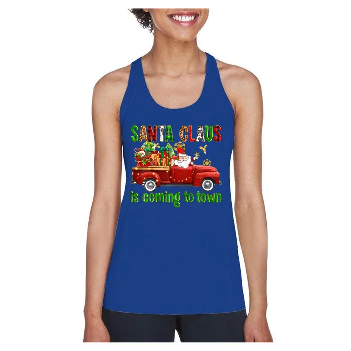 Christmas Santa Claus Is Coming To Town Xmas Red Truck Pjs Gift Women's Racerback Tank