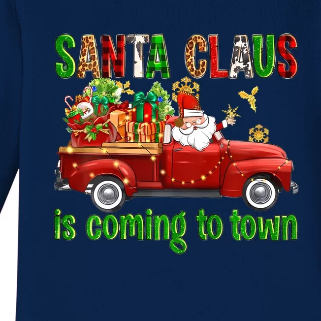 Christmas Santa Claus Is Coming To Town Xmas Red Truck Pjs Gift Baby Long Sleeve Bodysuit