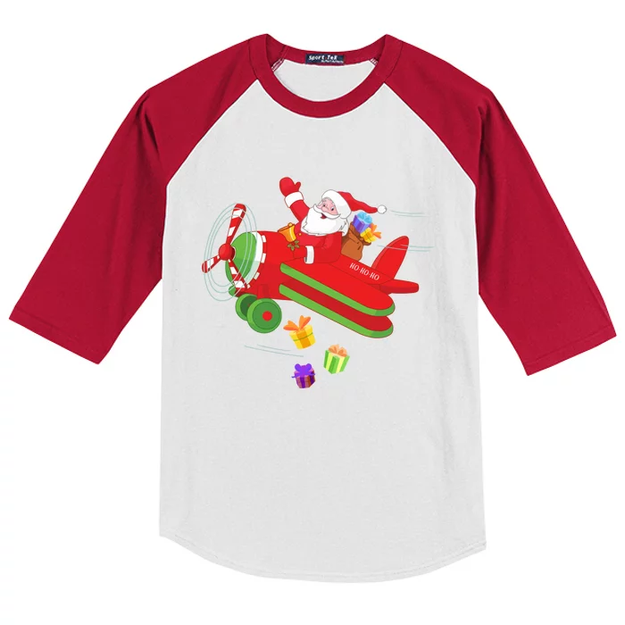 Christmas Santa Claus Pilot Flying Airplane Funny Gift Cool Gift Kids Colorblock Raglan Jersey