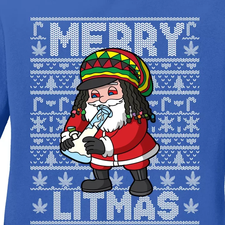 Christmas Santa Claus Cannabis Marijuana Weed Merry Litmas Gift Ladies Long Sleeve Shirt