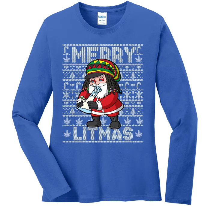 Christmas Santa Claus Cannabis Marijuana Weed Merry Litmas Gift Ladies Long Sleeve Shirt