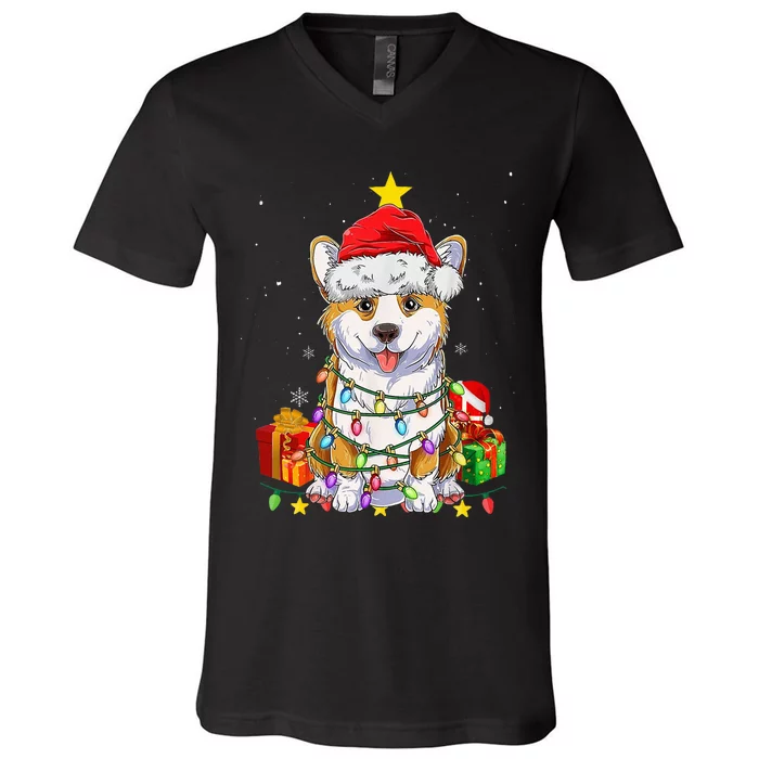 Corgi Santa Christmas Tree Lights Xmas Corgmas Dog V-Neck T-Shirt