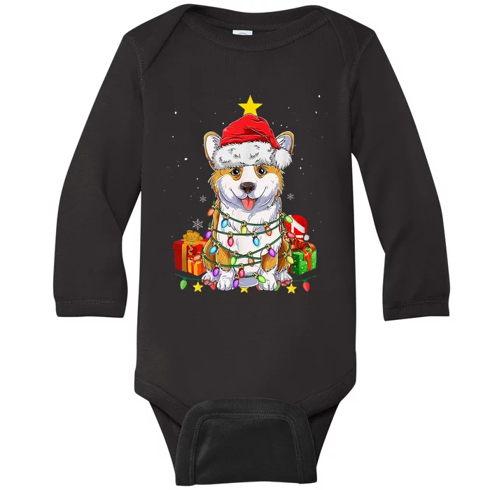 Corgi Santa Christmas Tree Lights Xmas Corgmas Dog Baby Long Sleeve Bodysuit