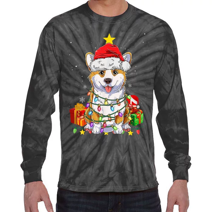 Corgi Santa Christmas Tree Lights Xmas Corgmas Dog Tie-Dye Long Sleeve Shirt