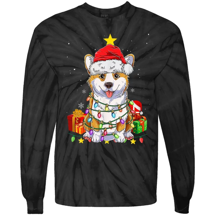 Corgi Santa Christmas Tree Lights Xmas Corgmas Dog Tie-Dye Long Sleeve Shirt