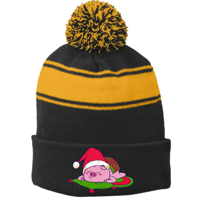 Cute Sleepy Christmas Pig Stripe Pom Pom Beanie