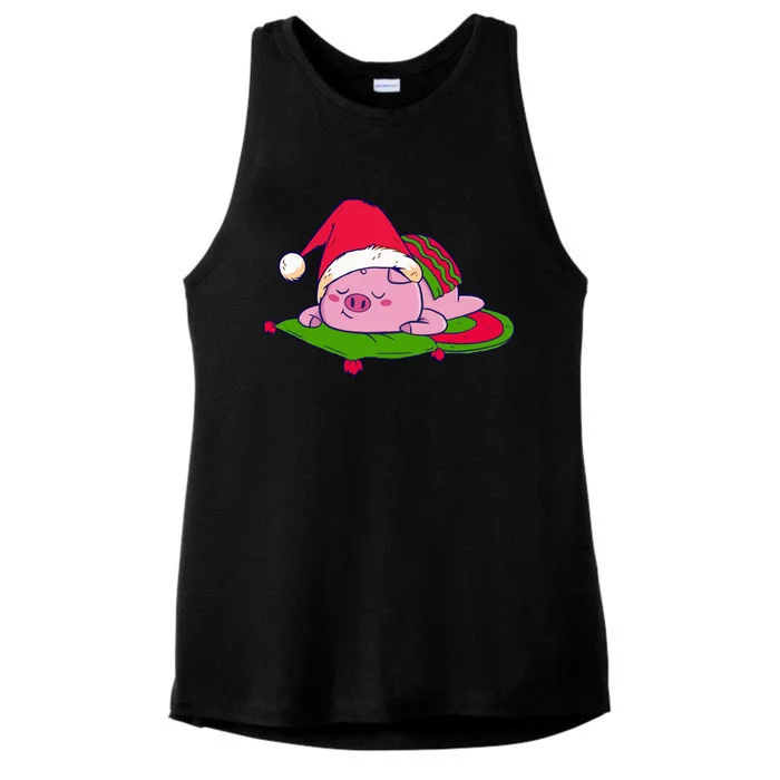 Cute Sleepy Christmas Pig Ladies Tri-Blend Wicking Tank