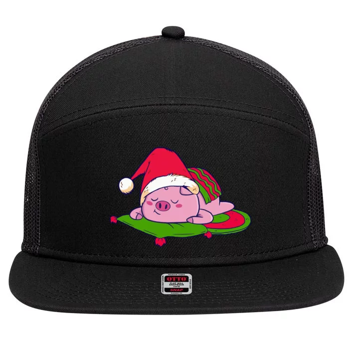 Cute Sleepy Christmas Pig 7 Panel Mesh Trucker Snapback Hat