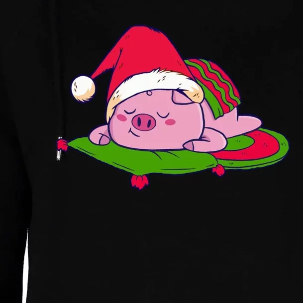 Cute Sleepy Christmas Pig Womens Funnel Neck Pullover Hood