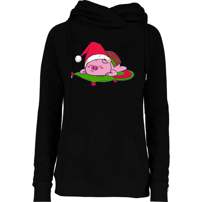 Cute Sleepy Christmas Pig Womens Funnel Neck Pullover Hood