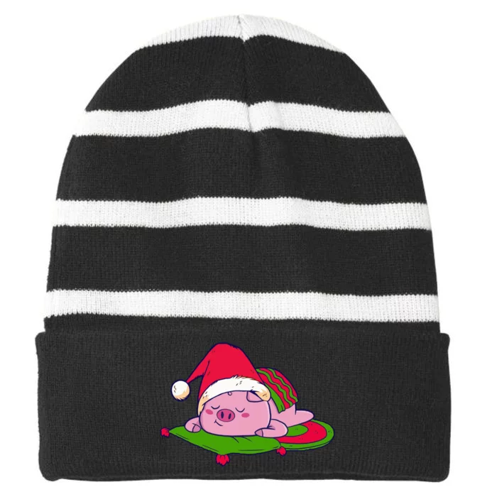 Cute Sleepy Christmas Pig Striped Beanie with Solid Band