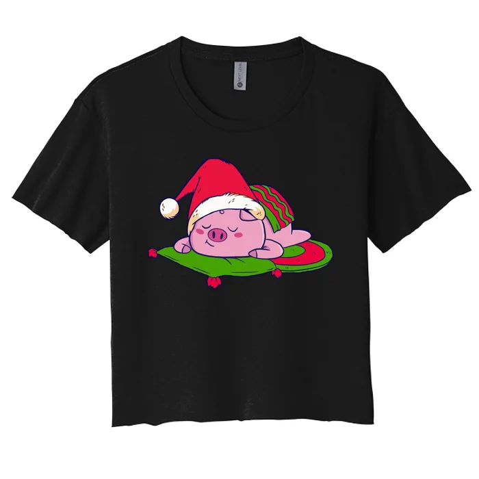 Cute Sleepy Christmas Pig Women's Crop Top Tee