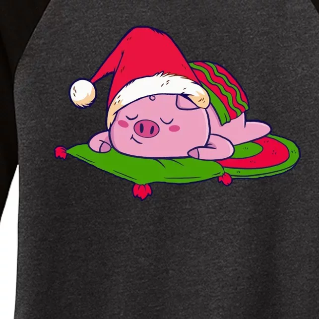 Cute Sleepy Christmas Pig Women's Tri-Blend 3/4-Sleeve Raglan Shirt