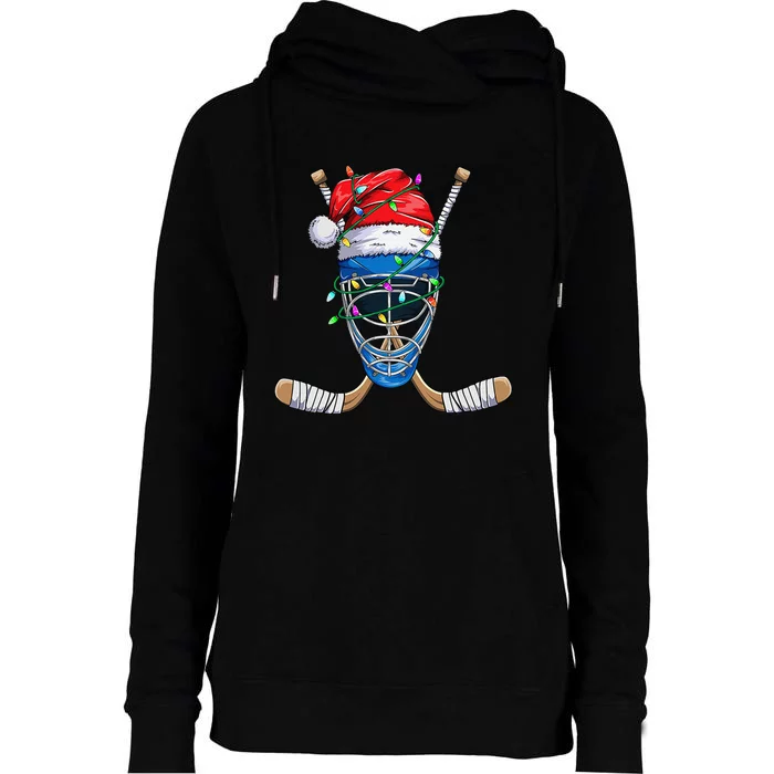 Christmas Santa Claus Player Ice Hockey Funny Womens Funnel Neck Pullover Hood