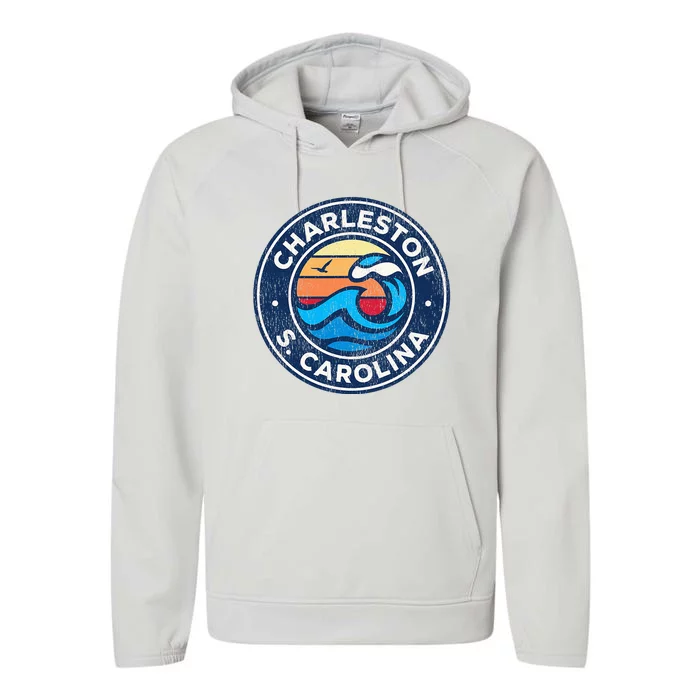 Charleston South Carolina Sc Vintage Nautical Waves Performance Fleece Hoodie