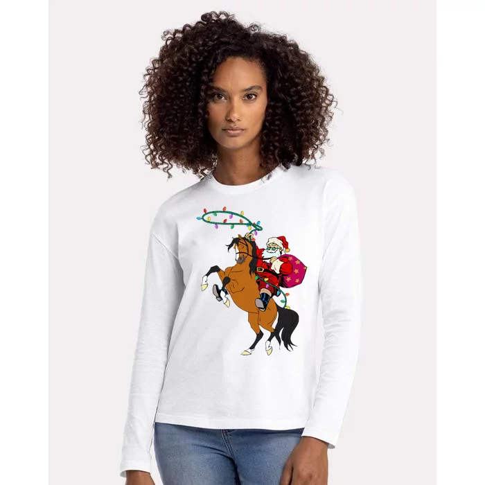 Cowboy Santa Claus Riding A Horse Christmas Cowboy Womens Cotton Relaxed Long Sleeve T-Shirt