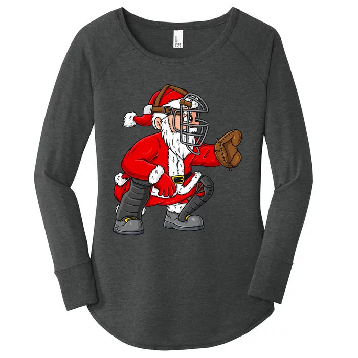 Christmas Santa Claus Baseball Catcher Boy Girl Xmas Women's Perfect Tri Tunic Long Sleeve Shirt