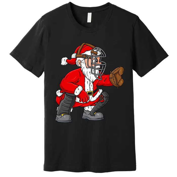 Christmas Santa Claus Baseball Catcher Boy Girl Xmas Premium T-Shirt