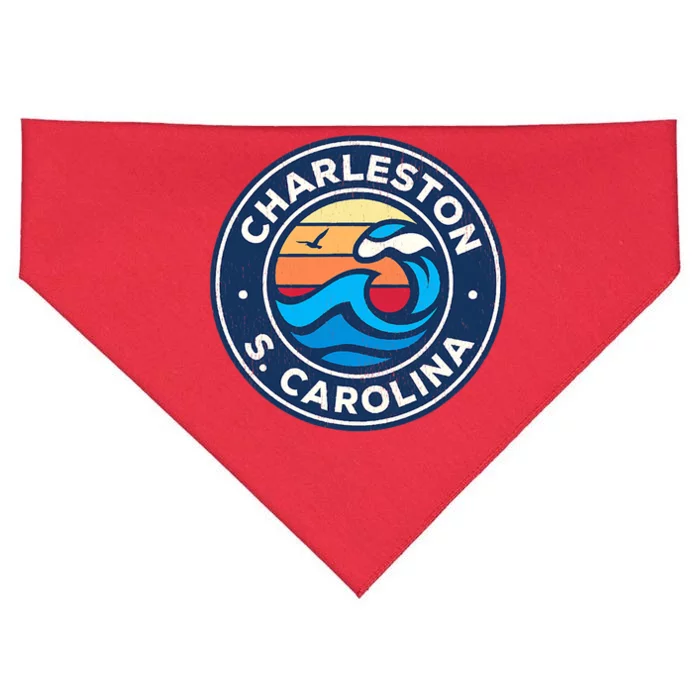 Charleston South Carolina Sc Vintage Nautical Waves Design USA-Made Doggie Bandana