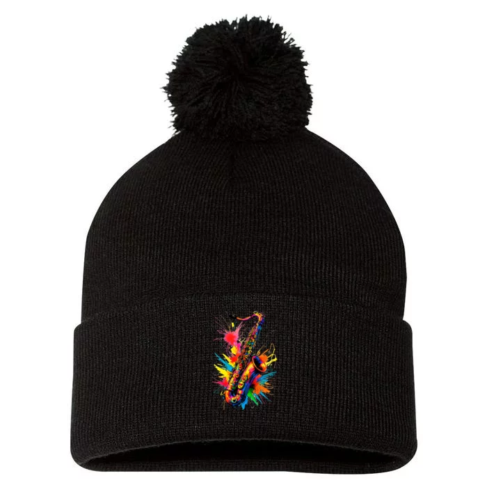 Colorful Saxophone Pom Pom 12in Knit Beanie