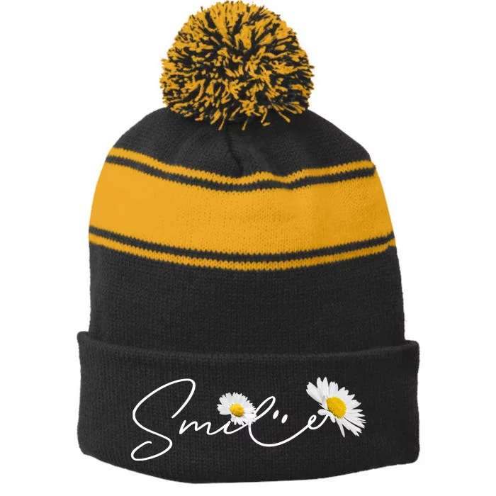 Cute Smile Daisy Flower Stripe Pom Pom Beanie