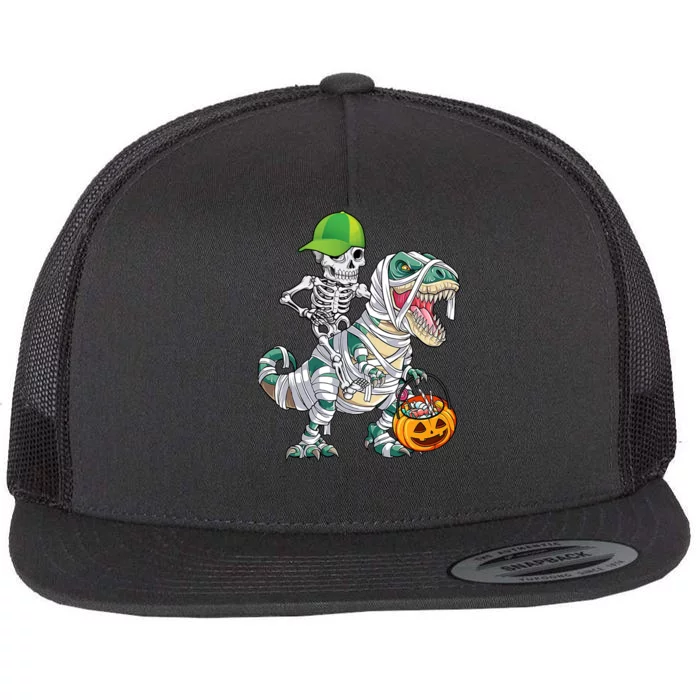 Cool Skeleton Dinosaur Halloween Trick Or Treat Flat Bill Trucker Hat