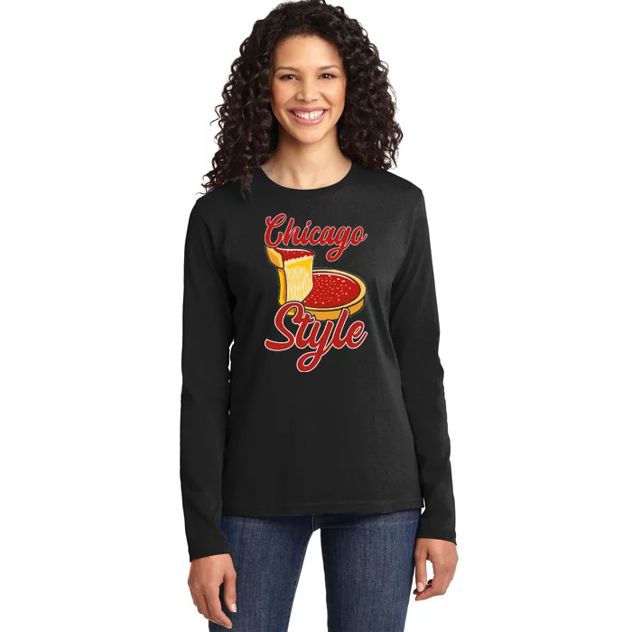 Chicago Style Deep Dish Pizza Ladies Long Sleeve Shirt