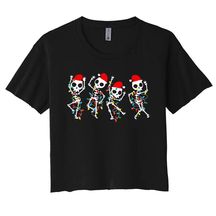 Christmas Skeleton Dancing Xmas Light Music Women's Crop Top Tee