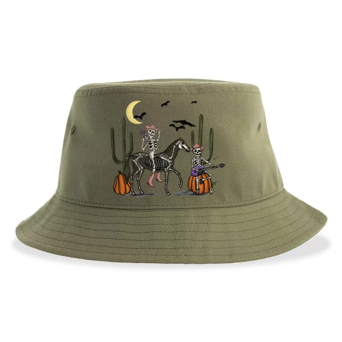 Cowboy Skeletons Drinking Desert Retro Western Halloween Funny Sustainable Bucket Hat