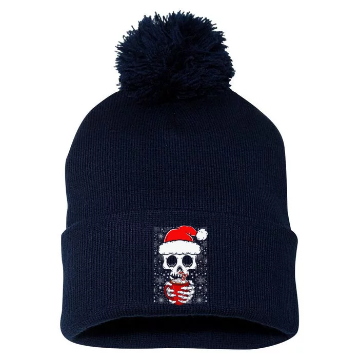 Christmas Skeleton Drinks Cocoa Santa Claus Skeleton Pom Pom 12in Knit Beanie