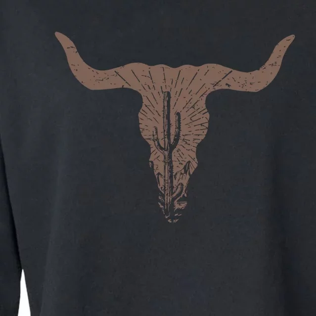 Cow Skull Desert Cactus Silhouette Southwest Boho Longhorn Buffalo Cropped Pullover Crew