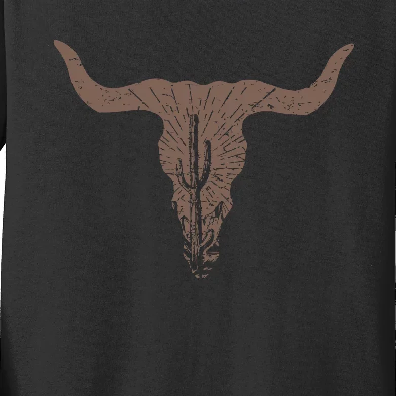 Cow Skull Desert Cactus Silhouette Southwest Boho Longhorn Buffalo Kids Long Sleeve Shirt