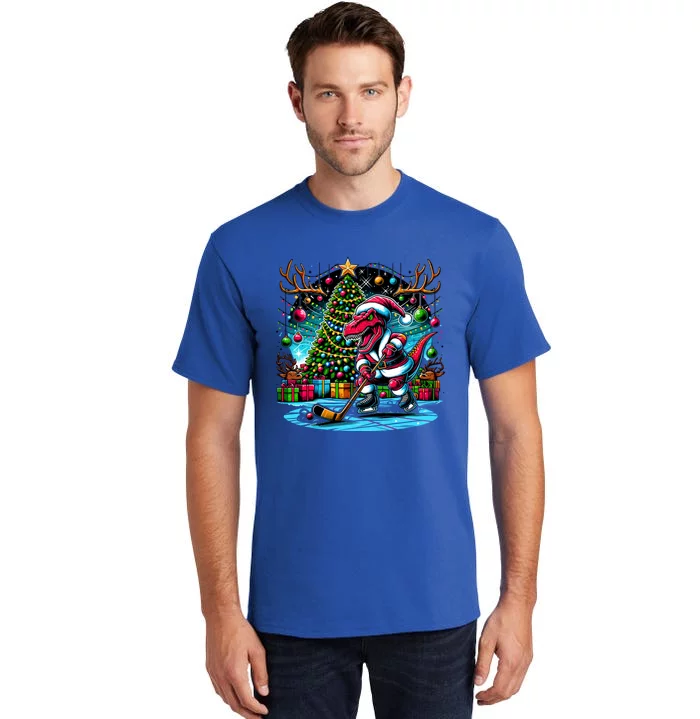 Cool Santa Dinosaur Playing Hockey Christmas Gift Tall T-Shirt