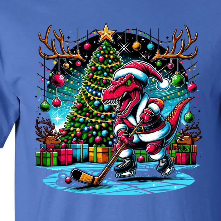 Cool Santa Dinosaur Playing Hockey Christmas Gift Tall T-Shirt