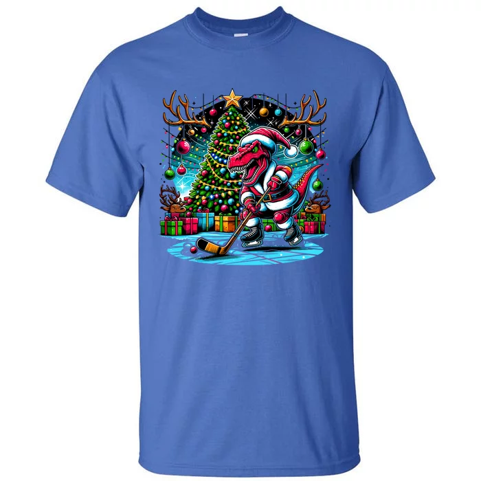 Cool Santa Dinosaur Playing Hockey Christmas Gift Tall T-Shirt