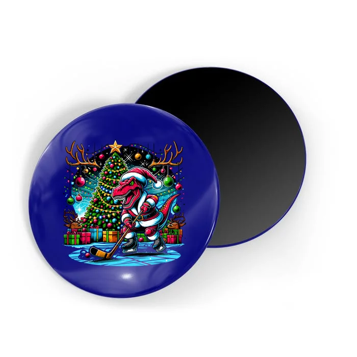 Cool Santa Dinosaur Playing Hockey Christmas Gift Magnet