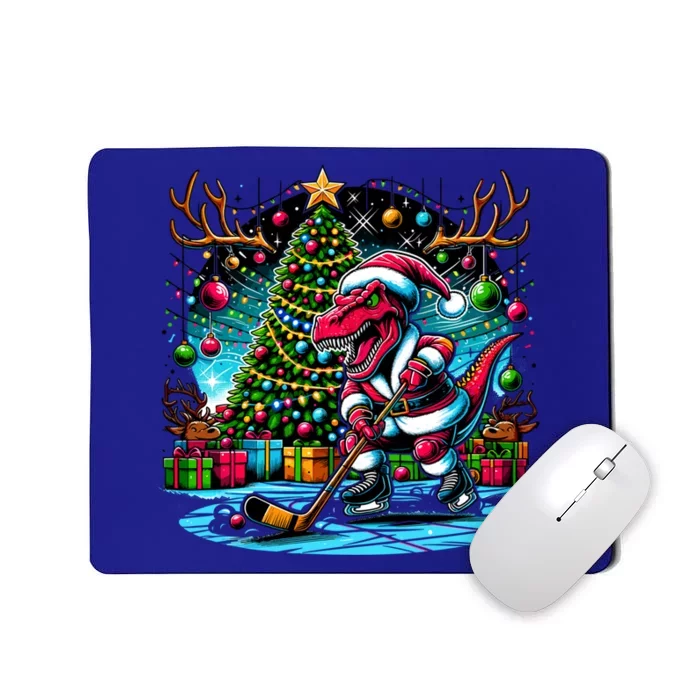 Cool Santa Dinosaur Playing Hockey Christmas Gift Mousepad