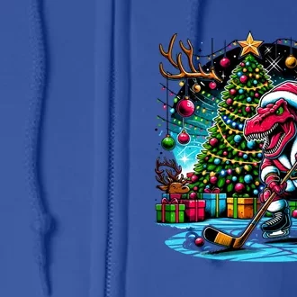 Cool Santa Dinosaur Playing Hockey Christmas Gift Full Zip Hoodie