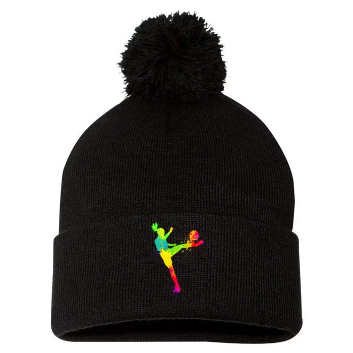 Cool Colorful Soccer Girl Soccer Player Pom Pom 12in Knit Beanie