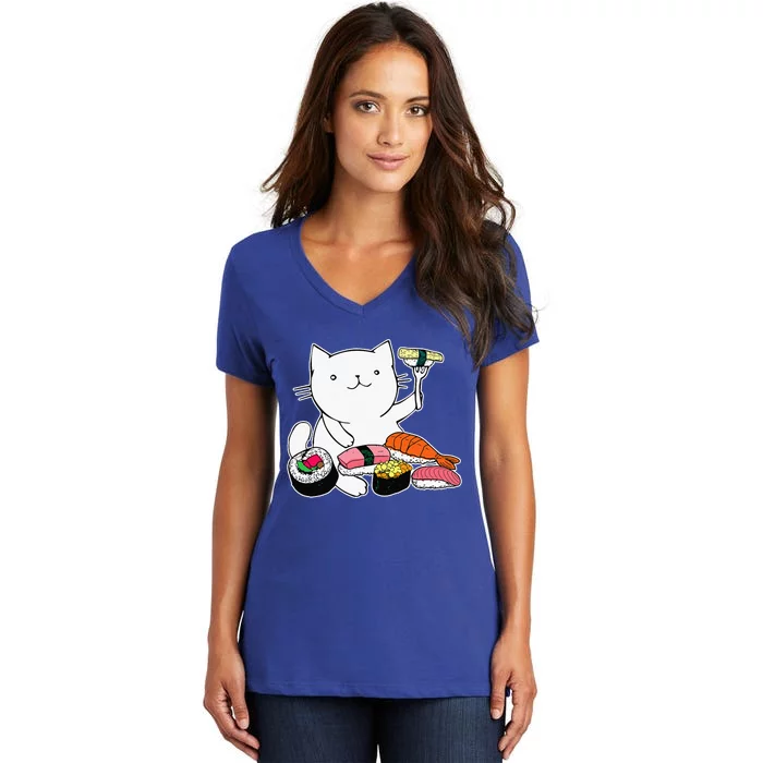 Cute Sushi Eating Cat Funny Animal Pet Women's V-Neck T-Shirt